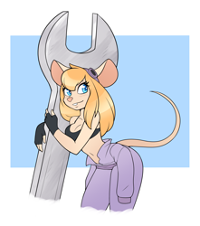 Size: 2250x2550 | Tagged: safe, artist:ambris, gadget hackwrench (chip 'n dale: rescue rangers), mammal, mouse, rodent, anthro, chip 'n dale: rescue rangers, disney, 2020, belly button, bent over, breasts, buckteeth, clothes, digital art, ears, eyelashes, female, fingerless gloves, fur, gloves, goggles, goggles on head, hair, murine, pink nose, pose, simple background, solo, solo female, sports bra, tail, teeth, thighs, topwear, vest, wide hips, wrench