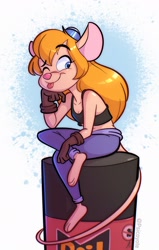Size: 1299x2048 | Tagged: safe, artist:psicoyote, gadget hackwrench (chip 'n dale: rescue rangers), mammal, mouse, rodent, anthro, chip 'n dale: rescue rangers, disney, barefoot, blep, blonde hair, breasts, cleavage, feet, female, hair, looking at you, one eye closed, sitting, smiling, smiling at you, soles, solo, solo female, thick thighs, thighs, toes, tongue, tongue out, winking