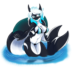 Size: 2200x2050 | Tagged: safe, artist:ambris, oc, oc only, oc:penelope (rainbowscreen), cetacean, dragon, fictional species, hybrid, mammal, orca, orcadragon, anthro, 2018, absolute cleavage, belly button, bent over, bikini, breasts, cleavage, clothes, commission, digital art, ears, eyelashes, female, hair, high res, nudity, ocean, open mouth, partial nudity, pose, scales, simple background, skinny dipping, solo, solo female, swimsuit, tail, thighs, tongue, underwear, water, wide hips