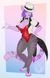 Size: 2127x3264 | Tagged: safe, artist:thecatnamedfish, oc, oc only, oc:matilda (firelight320), cat, feline, mammal, anthro, 2021, big breasts, bow, bow tie, breasts, cleavage, clothes, commission, ears, female, fur, high res, magician, magician outfit, paws, solo, solo female, striped fur, tail, top hat