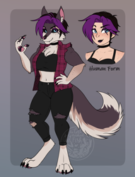 Size: 2280x2984 | Tagged: safe, artist:thecatnamedfish, oc, oc:kate (thecatnamedfish), canine, fictional species, hellhound, human, mammal, werewolf, wolf, anthro, digitigrade anthro, 2022, black sclera, bottomwear, breasts, chest fluff, choker, claws, clothes, colored sclera, crop top, ear piercing, earring, ears, female, fluff, freckles, hair, high res, jeans, midriff, multicolored hair, nose piercing, pants, paws, piercing, plaid, plaid shirt, ripped jeans, ripped pants, sleeveless, solo, solo female, tail, topwear, torn clothes, torn pants, two toned hair