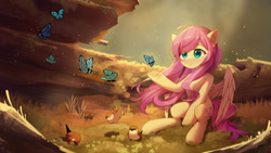 Size: 1920x1080 | Tagged: safe, artist:emeraldgalaxy, fluttershy (mlp), arthropod, bird, butterfly, equine, fictional species, insect, mammal, pegasus, pony, songbird, sparrow, feral, friendship is magic, hasbro, my little pony, 16:9, 2022, 2d, eye through hair, feathered wings, feathers, female, fur, green eyes, hair, mane, mare, pink hair, pink mane, pink tail, sitting, solo, solo female, solo focus, tail, ungulate, wallpaper, wings, yellow body, yellow fur, yellow wings