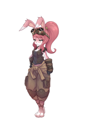 Size: 1050x1500 | Tagged: artist needed, source needed, safe, lagomorph, mammal, rabbit, anthro, barefoot, bottomwear, breasts, cleavage, clothes, female, gloves, goggles, goggles on head, hair, hair accessory, jacket, leg wraps, pants, paws, ponytail, simple background, solo, solo female, topwear, transparent background, wraps