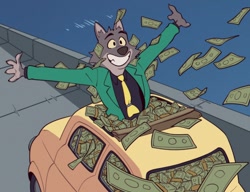 Size: 1188x912 | Tagged: safe, artist:unseriousguy, mr. wolf (the bad guys), canine, mammal, wolf, anthro, arsène lupin iii (lupin iii), dreamworks animation, lupin iii, the bad guys, 2022, car, crossover, male, money, ocean, open arms, road, smiling, solo, solo male, vehicle, water