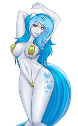 Size: 2394x3869 | Tagged: suggestive, artist:thecatnamedfish, oc, oc only, oc:bubble lee (thecatnamedfish), equine, fictional species, mammal, pony, unicorn, anthro, hasbro, my little pony, 2017, armpits, arms behind head, bedroom eyes, bikini, blushing, breasts, cameltoe, clothes, cutie mark, digital art, ears, eyelashes, female, fur, hair, horn, looking at you, nipple outline, pose, simple background, sling bikini, solo, solo female, swimsuit, tail, thighs, transparent background, wide hips