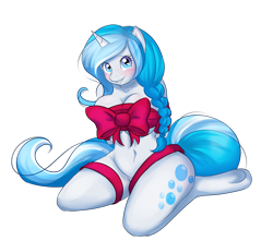 Size: 3990x3526 | Tagged: suggestive, artist:thecatnamedfish, oc, oc only, oc:bubble lee (thecatnamedfish), equine, fictional species, mammal, pony, unicorn, anthro, unguligrade anthro, hasbro, my little pony, 2014, arm behind back, blushing, breasts, digital art, ears, eyelashes, female, fur, hair, hooves, horn, kneeling, looking at you, nudity, pose, ribbon, simple background, smiling, smiling at you, solo, solo female, tail, thighs, transparent background, wide hips