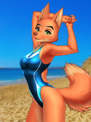 Size: 4500x6000 | Tagged: safe, artist:mykegreywolf, diane foxington (the bad guys), canine, fox, mammal, anthro, dreamworks animation, the bad guys, 2022, absurd resolution, blue swimsuit, breasts, clothes, dipstick tail, ear fluff, eyebrow piercing, eyebrows, eyelashes, female, fluff, fur, green eyes, looking at you, one-piece swimsuit, orange body, orange fur, outdoors, piercing, solo, solo female, sport swimsuit, swimsuit, tail, vixen