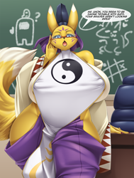 Size: 980x1295 | Tagged: suggestive, artist:mleonheart, fictional species, taomon, anthro, among us (game), digimon, 2022, black nose, black sclera, breasts, chair, chalkboard, classroom, clothes, colored sclera, dialogue, digital art, ears, eyelashes, female, fur, glasses, huge breasts, indoors, nipple outline, open mouth, solo, solo female, speech bubble, table, tail, talking, talking to viewer, teacher, text, thighs, tongue, wide hips