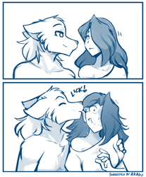 Size: 1054x1271 | Tagged: safe, artist:twokinds, maren taverndatter (twokinds), sythe (twokinds), fictional species, human, keidran, mammal, anthro, twokinds, female, licking, male, monochrome, tongue, tongue out
