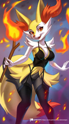 Size: 1575x2800 | Tagged: suggestive, artist:alanscampos, braixen, fictional species, anthro, nintendo, pokémon, 2019, belly button, bra, breasts, clothes, digital art, ear fluff, ears, eyelashes, female, fire, fluff, fur, hip fluff, legwear, lingerie, looking at you, neck fluff, open mouth, panties, phone, pose, solo, solo female, starter pokémon, stick, stockings, tail, thighs, tongue, underwear, wide hips