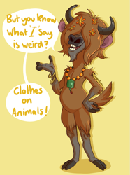 Size: 793x1065 | Tagged: safe, artist:angoraram, yax (zootopia), mammal, yak, anthro, disney, zootopia, 2d, brown body, brown fur, dialogue, front view, fur, male, nudist, nudity, simple background, solo, solo male, talking, talking to viewer, three-quarter view, yellow background