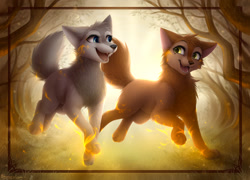 Size: 1280x920 | Tagged: safe, artist:blooming-lynx, mebh mactire (wolfwalkers), robyn goodfellowe (wolfwalkers), canine, mammal, wolf, feral, cartoon saloon, wolfwalkers, 2022, blue eyes, brown body, brown fur, cub, cute, duo, duo female, female, females only, front view, fur, gray body, gray fur, looking at each other, open mouth, open smile, running, smiling, three-quarter view, yellow eyes, young