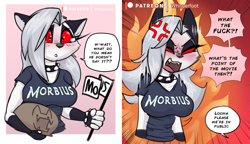 Size: 3721x2143 | Tagged: safe, artist:whisperfoot, loona (vivzmind), canine, fictional species, hellhound, mammal, anthro, hazbin hotel, helluva boss, marvel, morbius, 2022, big breasts, border, breasts, clothes, ears, female, gray hair, hair, long hair, solo, solo female, white border