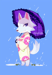 Size: 594x842 | Tagged: safe, artist:秋貓, whitney (animal crossing), canine, mammal, wolf, animal crossing, nintendo, 2020, 2d, 2d animation, animated, blue background, clothes, dress, female, fur, gif, looking at you, on model, pixiv, puddle, purple eyes, rain, simple background, smiling, smiling at you, solo, solo female, tail, tail wag, umbrella, white body, white fur