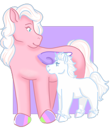 Size: 1280x1482 | Tagged: safe, artist:cleanteeth124, equine, fictional species, mammal, pegasus, unicorn, feral, webkinz, 2021, duo, duo female, female, females only, looking at each other, partially transparent background, size difference, transparent background