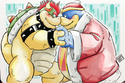 Size: 1417x939 | Tagged: safe, alternate version, artist:kamui shirow, bowser (mario), king dedede (kirby), bird, fictional species, koopa, penguin, reptile, anthro, kirby (series), mario (series), nintendo, 2017, blushing, colored, crossover, duo, duo male, holding, holding hands, male, males only, pixiv