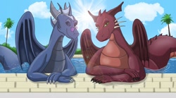 Size: 1280x711 | Tagged: safe, artist:robthehoopedchipmunk, dragon (shrek), oc, oc:tulip (rthc), dragon, fictional species, western dragon, feral, dreamworks animation, shrek, 2014, crossed arms, dragoness, duo, duo female, eyes closed, female, females only, looking at you, partially submerged, smiling, smiling at you