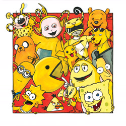 Size: 1829x1832 | Tagged: safe, artist:linda bouderbala, jake the dog (adventure time), lisa simpson (the simpsons), mr. peanutbutter (bojack horseman), pac-man (character), spongebob (spongebob), tweety bird (looney tunes), winnie-the-pooh (winnie-the-pooh), woodstock (peanuts), animate food, animate object, bear, bird, canary, canine, dog, fictional species, human, mammal, marsupilami (species), minions (despicable me), pac-person (pac-man), pikachu, songbird, sponge (species), ambiguous form, anthro, feral, humanoid, semi-anthro, adult swim, adventure time, angry birds, bandai namco, bojack horseman, cartoon network, despicable me, disney, illumination entertainment, looney tunes, namco, nickelodeon, nintendo, pac-man, peanuts (comic), pokémon, power rangers, rick and morty, spongebob squarepants (series), the simpsons, warner brothers, winnie-the-pooh, candy, chocolate, chuck (angry birds), female, food, group, hair, hairstyle, kevin (despicable me), laa-laa (teletubbies), large group, m&m, m&ms, male, mr. poopybutthole (rick and morty), rovio, teletubbies, teletubby, yellow, yellow m&m
