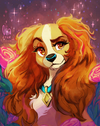 Size: 1024x1280 | Tagged: safe, artist:oha, lady (lady and the tramp), canine, cocker spaniel, dog, mammal, spaniel, feral, disney, lady and the tramp, 2022, 2d, bust, collar, female, flower, front view, looking at you, plant, rose, solo, solo female, three-quarter view