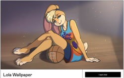 Size: 1024x647 | Tagged: dead source, safe, artist:inktigerart, lola bunny (looney tunes), lagomorph, mammal, rabbit, anthro, looney tunes, space jam, space jam: a new legacy, warner brothers, 2d, ball, basketball, female, looking at you, sitting, solo, solo female