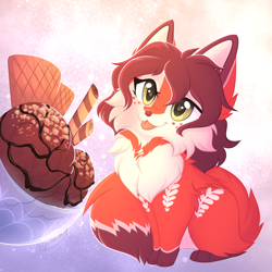 Size: 1500x1500 | Tagged: safe, artist:elisawind, oc, oc:poppy (lavallett1), canine, fox, mammal, wolf, feral, begging, blep, chocolate, commission, cute, female, floof, floofy, food, ice cream, puppy eyes, smiling, smol, tongue, tongue out, ych, ych result