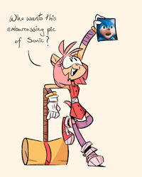 Size: 826x1032 | Tagged: safe, artist:fluttershythekind, amy rose (sonic), sonic the hedgehog (sonic), hedgehog, mammal, anthro, sega, sonic boom (series), sonic the hedgehog (series), sonic the hedgehog movie, 2019, dialogue, female, front view, hammer, solo, solo female, talking, three-quarter view, ugly sonic