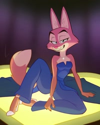Size: 1250x1563 | Tagged: safe, artist:birchly, diane foxington (the bad guys), canine, fox, mammal, anthro, dreamworks animation, the bad guys, 2022, bedroom eyes, bracelet, breasts, cleavage, clothes, female, grin, high heels, jewelry, looking at you, necklace, shoes, sitting, smiling, smiling at you, solo, solo female, thick thighs, thighs, vixen