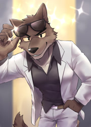 Size: 1653x2300 | Tagged: safe, artist:kenjilokung, mr. wolf (the bad guys), canine, mammal, wolf, anthro, dreamworks animation, the bad guys, 2022, bottomwear, clothes, glasses, hand in pocket, looking at you, male, pants, smiling, smiling at you, solo, solo male, suit, sunglasses