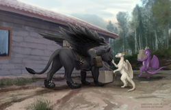 Size: 2106x1355 | Tagged: safe, artist:kodardragon, bird, dragon, feline, fictional species, gryphon, mammal, reptile, scaled dragon, western dragon, feral, semi-anthro, 2022, beak, black body, black feathers, black fur, box, building, container, feathered wings, feathers, female, footwear, forest, fur, group, leash, leonine tail, male, outdoors, petting, size difference, smiling, spread wings, tail, trio, webbed wings, wings