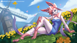 Size: 2100x1181 | Tagged: safe, artist:alanscampos, eeveelution, fictional species, mammal, sylveon, anthro, digitigrade anthro, nintendo, pokémon, 2019, black nose, blue sclera, breasts, clothes, colored sclera, detailed background, digital art, dress, ears, eyelashes, female, flower, fur, grass, hair, looking at you, plant, pose, ribbons (body part), smiling, smiling at you, solo, solo female, tail, thighs, wide hips, windmill