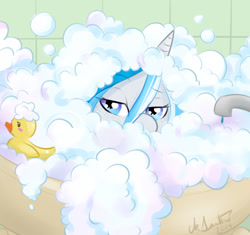 Size: 1308x1228 | Tagged: safe, artist:thecatnamedfish, oc, oc only, oc:bubble lee (thecatnamedfish), equine, fictional species, mammal, pony, unicorn, anthro, hasbro, my little pony, 2014, bathtub, bedroom eyes, bubble bath, digital art, eyelashes, fur, hair, horn, looking at you, rubber duck, toy
