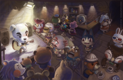 Size: 900x583 | Tagged: artist needed, safe, blathers (animal crossing), booker (animal crossing), brewster (animal crossing), celeste (animal crossing), crazy redd (animal crossing), dr. shrunk (animal crossing), gracie (animal crossing), harriet (animal crossing), k.k. slider (animal crossing), kapp'n (animal crossing), mabel (animal crossing), mr. resetti (animal crossing), pascal (animal crossing), pelly (animal crossing), rover (animal crossing), sable (animal crossing), timmy nook (animal crossing), tom nook (animal crossing), tommy nook (animal crossing), bird, bird of prey, bulldog, canine, cat, dog, feline, fox, giraffe, hedgehog, jack russell terrier, kappa, mammal, mole, mustelid, otter, owl, pelican, pigeon, poodle, raccoon dog, red fox, terrier, semi-anthro, animal crossing, nintendo, 2013, chair, clothes, coffee, container, cup, drink, eyes closed, female, group, guitar, hat, headwear, male, musical instrument, playing musical instrument, sitting, snot bubble, table