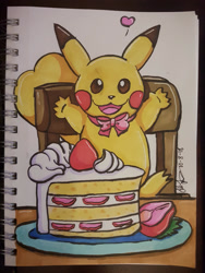 Size: 2121x2828 | Tagged: safe, artist:yoshimarsart, fictional species, mammal, pikachu, feral, nintendo, pokémon, 2d, ambiguous gender, berry, cake, chair, food, fruit, heart, inktober, irl, looking at you, open mouth, open smile, photo, photographed artwork, smiling, smiling at you, solo, solo ambiguous, strawberry, traditional art, whipped cream