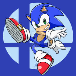 Size: 1024x1024 | Tagged: safe, artist:yoshimarsart, sonic the hedgehog (sonic), hedgehog, mammal, anthro, nintendo, sega, sonic the hedgehog (series), super smash brothers, 2019, 2d, chibi, clothes, deviantart watermark, gloves, kicking, looking at you, male, shoes, solo, solo male, watermark