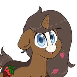 Size: 2414x2413 | Tagged: safe, artist:fluffyxai, oc, oc only, oc:strawberry cocoa (rautamiekka), equine, fictional species, mammal, pony, unicorn, feral, friendship is magic, hasbro, my little pony, 2022, blue eyes, brown body, brown hair, brown mane, brown tail, commission, cute, female, hair, high res, horn, looking at you, mane, mare, smiling, solo, solo female, strawberry cocoa, tail