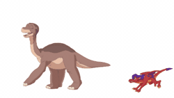 Size: 450x253 | Tagged: safe, artist:draigar comado, littlefoot (the land before time), oc, oc:draigar (draigar comado), apatosaurus, dinosaur, dragon, fictional species, sauropod, western dragon, feral, sullivan bluth studios, the land before time, animated, dragoness, duo, female, gif, low res, male, simple background, white background