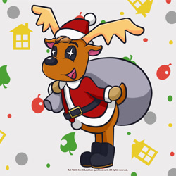 Size: 1500x1500 | Tagged: safe, artist:yoshimarsart, jingle (animal crossing), cervid, deer, mammal, reindeer, anthro, animal crossing, nintendo, 2d, deviantart watermark, male, open mouth, open smile, sack, smiling, solo, solo male, sparkly eyes, ungulate, watermark, wingding eyes