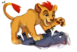 Size: 1000x680 | Tagged: safe, artist:flashlioness, bunga (the lion guard), kion (the lion guard), badger, big cat, feline, honey badger, lion, mammal, mustelid, feral, disney, the lion guard, the lion king, 2d, cub, cute, duo, duo male, lying down, male, males only, on back, paw pads, paws, playful, simple background, white background, young