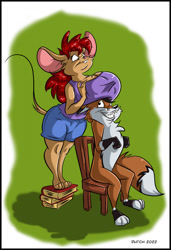 Size: 873x1280 | Tagged: safe, artist:dutch, oc, oc:misty the mouse (dutch), canine, fox, mammal, mouse, rodent, anthro, semi-anthro, barefoot, books, bottomwear, breasts, buckteeth, chair, cleavage, clothes, duo, feet, female, hair, huge breasts, looking at each other, looking down, looking up, male, red hair, shirt, shorts, sitting, smiling, teeth, thick thighs, thighs, tippy-toes, toes, topwear, wide hips
