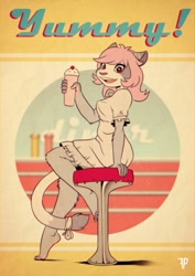 Size: 905x1280 | Tagged: safe, artist:fox-popvli, cat, feline, mammal, anthro, barefoot, big breasts, big butt, breasts, butt, cherry, diner, fake advertisement, feet, female, food, fruit, looking at you, milkshake, open mouth, open smile, sitting, smiling, smiling at you, soles, solo, solo female, thick thighs, thighs