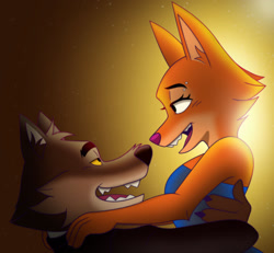 Size: 1280x1183 | Tagged: safe, artist:tonyneely, diane foxington (the bad guys), mr. wolf (the bad guys), canine, fox, mammal, wolf, anthro, dreamworks animation, the bad guys, 2022, bedroom eyes, duo, female, hug, looking at each other, male, open mouth, open smile, romantic, romantic couple, smiling, vixen
