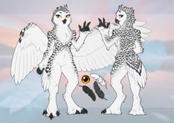 Size: 1280x906 | Tagged: safe, artist:kyotoleopard, oc, oc only, bird, bird of prey, owl, snowy owl, anthro, plantigrade anthro, 2022, 2d, abstract background, beak, bird feet, bird hands, chest fluff, color palette, comic sans, commission, feathered wings, feathers, female, fluff, front view, gray feathers, rear view, solo, solo female, spotted body, spread wings, tail, tail feathers, white feathers, wings, yellow eyes