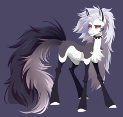Size: 5600x5306 | Tagged: safe, artist:1an1, loona (vivzmind), demon, earth pony, equine, fictional species, mammal, pony, feral, friendship is magic, hasbro, hazbin hotel, helluva boss, my little pony, 2022, absurd resolution, black body, black fur, blank flank, chest fluff, collar, colored sclera, crossover, demon pony, ear fluff, fangs, female, feralized, fluff, fur, gray body, gray fur, gray hair, hair, hooves, long hair, long tail, looking back, mane, mare, pale belly, ponified, raised leg, red sclera, sharp teeth, side view, simple background, solo, solo female, species swap, spiked collar, tail, tail fluff, teeth, white body, white eyes, white fur