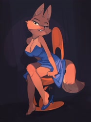 Size: 2489x3334 | Tagged: safe, artist:edtropolis, diane foxington (the bad guys), canine, fox, mammal, anthro, dreamworks animation, the bad guys, barefoot, bedroom eyes, big breasts, big butt, breasts, butt, chair, cleavage, clothes, feet, female, high heels, jewelry, looking at you, necklace, seductive, seductive eyes, seductive look, seductive pose, shoe, shoes, sitting, smiling, smiling at you, solo, solo female, thick thighs, thighs, toes, vixen, wide hips