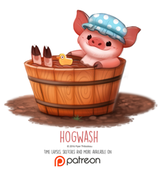 Size: 811x851 | Tagged: safe, artist:cryptid-creations, mammal, pig, suid, feral, 2d, ambiguous gender, bath, bathtub, looking at you, patreon, pun, rubber duck, shower cap, simple background, smiling, smiling at you, solo, solo ambiguous, toy, ungulate, visual pun, white background