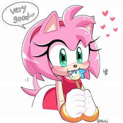 Size: 2080x2080 | Tagged: safe, artist:4622j, amy rose (sonic), sonic the hedgehog (sonic), hedgehog, mammal, sega, sonic the hedgehog (series), 2021, blushing, cute, dialogue, eating, female, food, front view, heart, korean text, popsicle, simple background, solo, solo female, talking, three-quarter view, white background