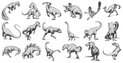 Size: 2544x1312 | Tagged: safe, artist:fredthedinosaurman, acrocanthosaurus, allosaurus, apatosaurus, carnotaurus, ceratops, deinonychus, dinosaur, duck-billed dinosaur, gallimimus, iguanodon, parasaurolophus, raptor, reptile, sauropod, spinosaurus, stegosaurus, theropod, triceratops, tyrannosaurus rex, utahraptor, feral, lifelike feral, creative commons, 2018, ambiguous gender, ambiguous only, carcharodontosaurus, deviantart watermark, grayscale, group, large group, monochrome, non-sapient, ornithomimus, realistic, sarchosuchus, sauroposeidon, simple background, watermark, white background, yutyrannus