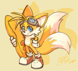 Size: 1250x1141 | Tagged: safe, artist:ginja k ninja, miles "tails" prower (sonic), canine, fox, mammal, red fox, anthro, sega, sonic the hedgehog (series), 2022, blue eyes, clothes, dipstick tail, front view, fur, goggles, goggles on head, hand on hip, hoverboard, looking at you, male, multiple tails, orange body, orange fur, shoes, smiling, smiling at you, solo, solo male, tail, three-quarter view, two tails, white belly
