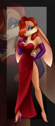 Size: 600x1365 | Tagged: safe, artist:gabapple, jessica rabbit (roger rabbit), lagomorph, mammal, rabbit, anthro, who framed roger rabbit, bedroom eyes, big breasts, breasts, cleavage, clothes, female, furrified, gloves, hair, hair over one eye, high heels, long gloves, looking at you, makeup, red hair, shoes, smiling, smiling at you, solo, solo female, thick thighs, thighs, wide hips