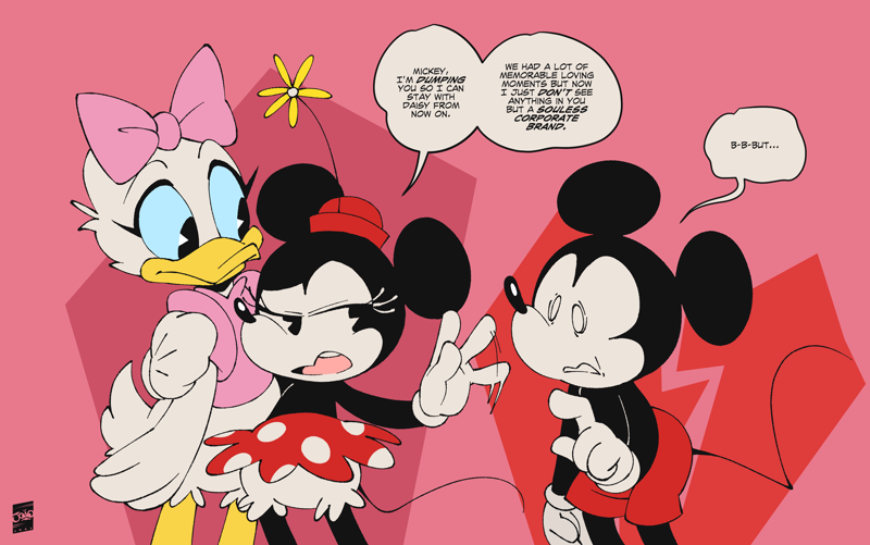 164228 - safe, artist:joaoppereiraus, daisy duck (disney), mickey mouse  (disney), minnie mouse (disney), bird, duck, mammal, mouse, rodent,  waterfowl, anthro, disney, mickey and friends, 2022, 2d, bloomers, bow,  dialogue, divorce, female, group,